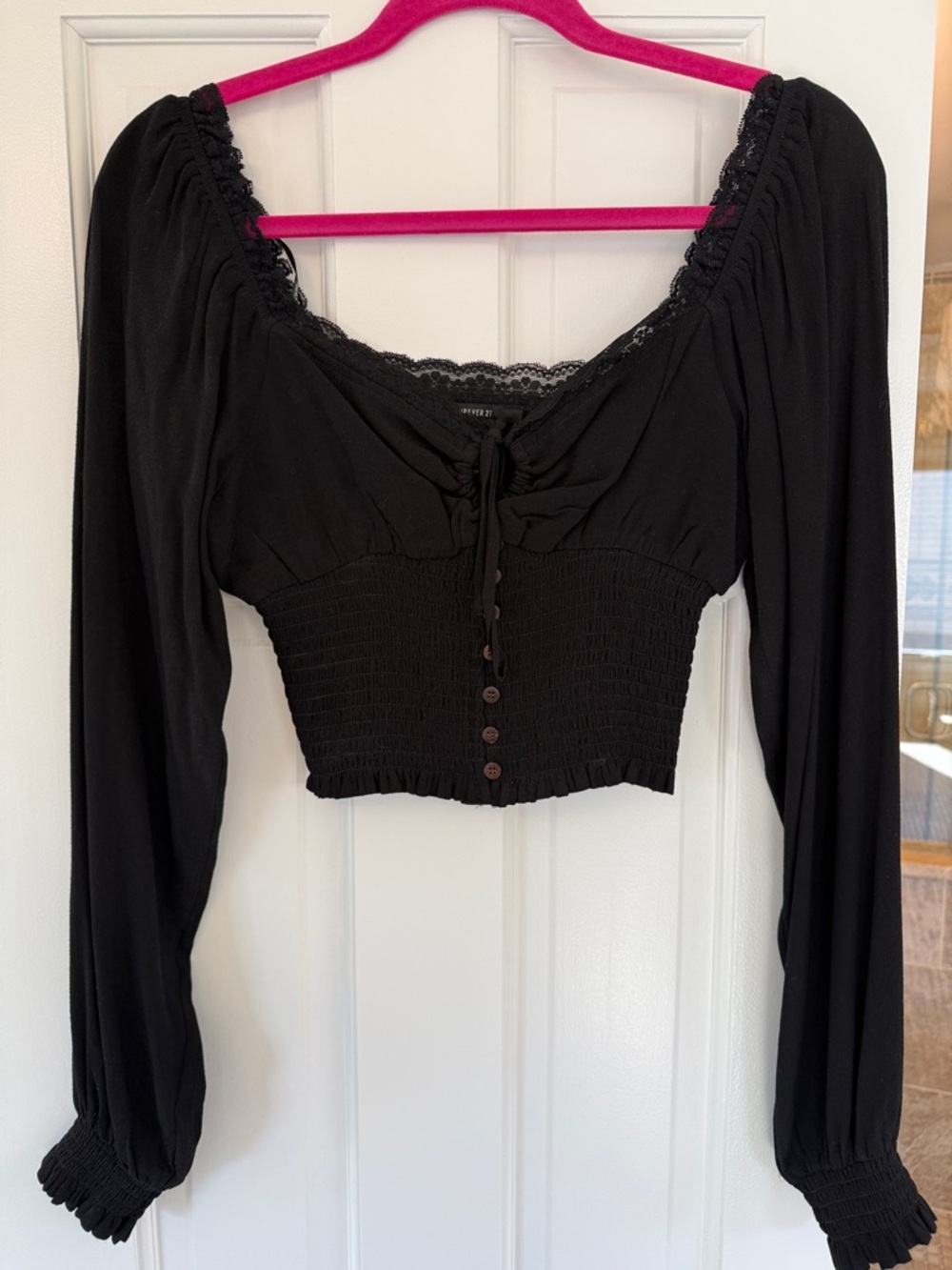 Forever 21 Black Lace-Trim Smocked Crop Top